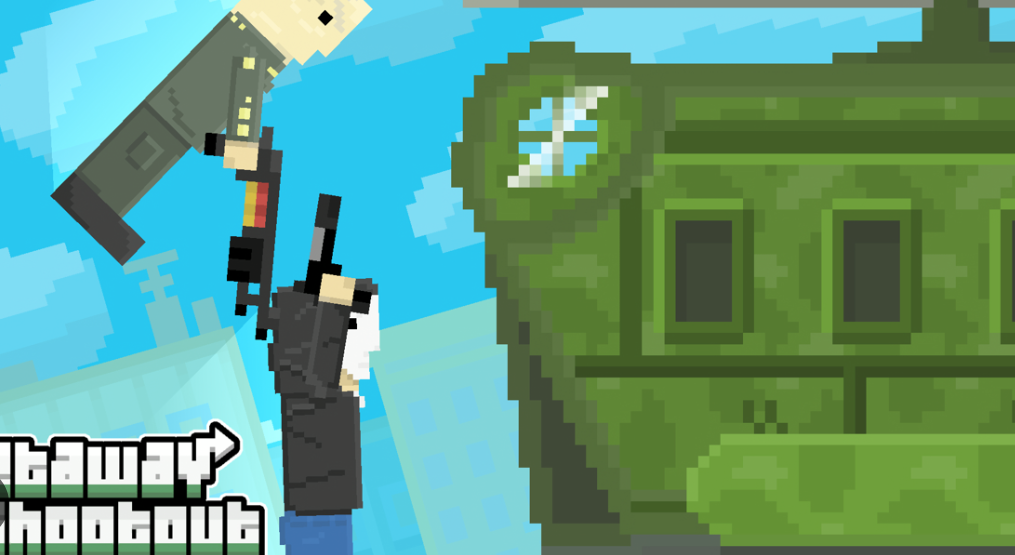 Two pixelated people running towards a helicopter with the title being Getaway Shootout.