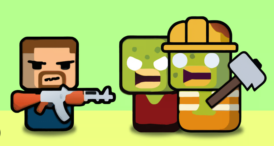 A boxy man with an assault rifle attacking zombies.